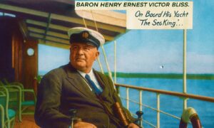Baron Henry Ernest Victor Bliss seated aboard his yacht The Sea King in Belize Harbour, 1926.