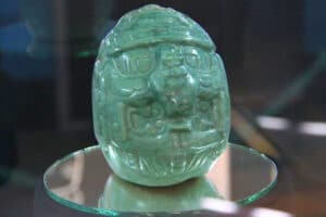 The Jade Head of Belize, a Maya Sun God carving from Altun Ha, displayed at the Museum of Belize.