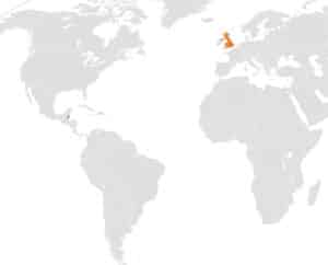Map showing the United Kingdom and Belize highlighted in color for travel and historical connection