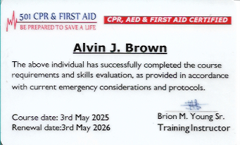 CPR, AED, and First Aid certification card for Alvin J. Brown, completed May 3rd, 2025, valid until May 3rd, 2026, training instructor Brion M. Young Sr.