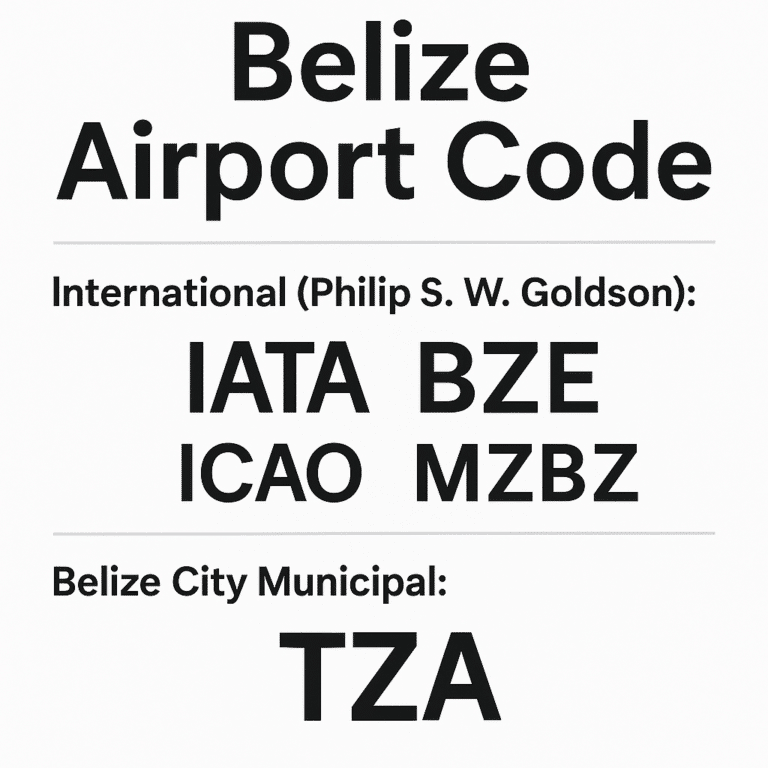Graphic showing Belize Airport Code BZE (Philip S. W. Goldson International Airport) with ICAO MZBZ and map marker near Belize City in Ladyville.