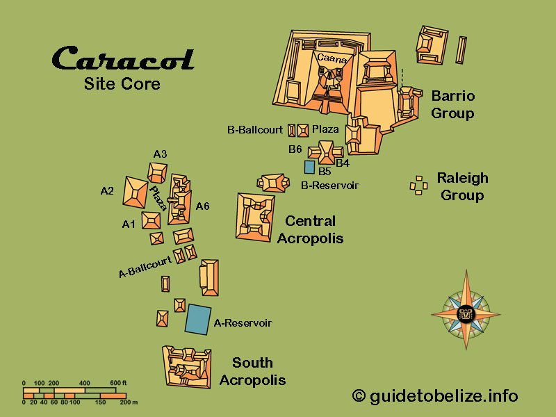 Map of Caracol Maya site in Belize showing Caana pyramid, plazas, and ceremonial structures deep in the Chiquibul Forest.
