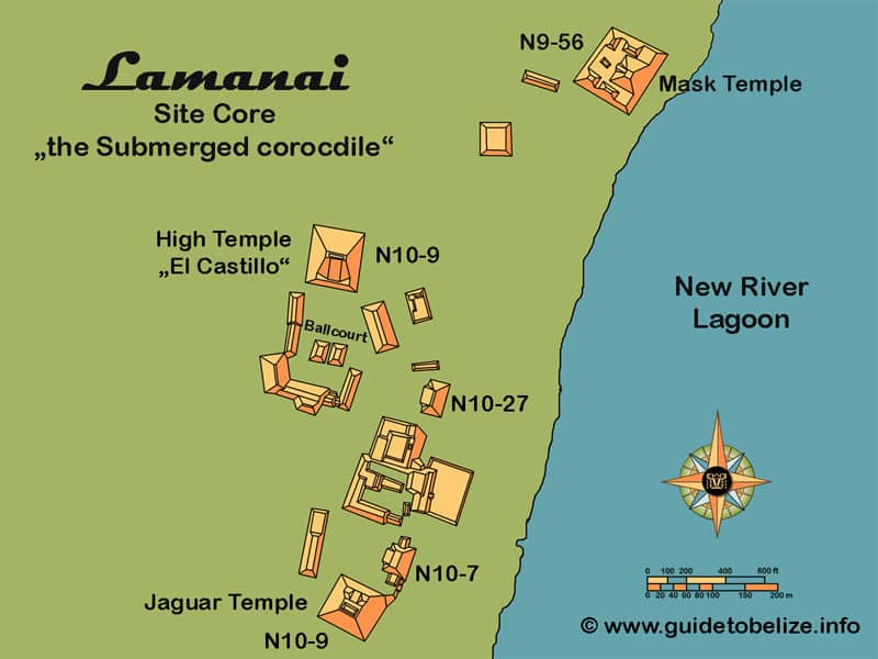 Map of Lamanai Maya site in Belize showing Jaguar Temple, Mask Temple, and ceremonial plazas along the New River Lagoon.