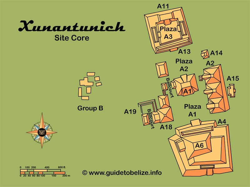 Map of Xunantunich showing main structures, plazas, and El Castillo pyramid in western Belize near San Ignacio.