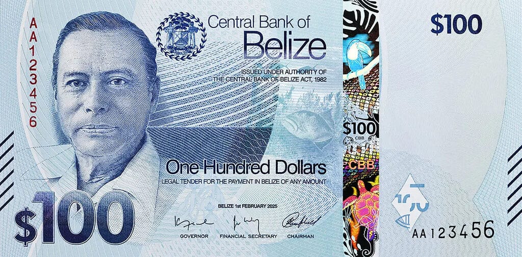 Belize’s redesigned $100 note featuring George Price, introduced in 2025.