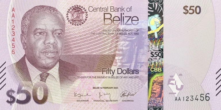 Belize’s new $50 banknote featuring Philip Goldson, released in 2025.