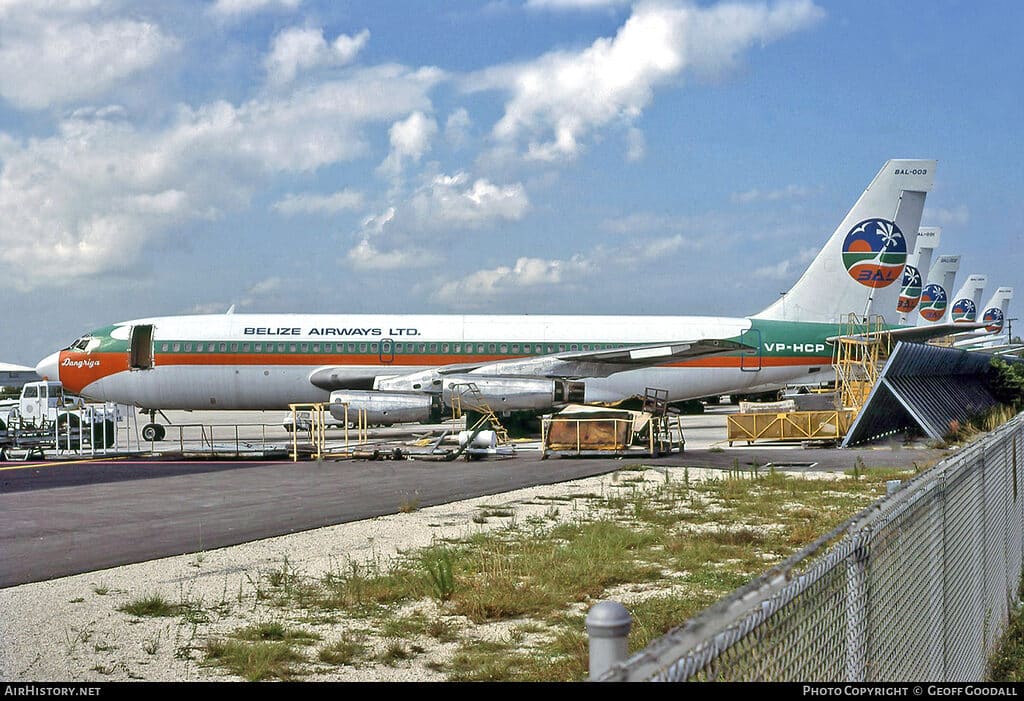 Belize Airways Boeing 720 aircraft parked on the tarmac, photographed in the 1970s.