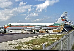 Belize Airways Boeing 720 aircraft parked on the tarmac, photographed in the 1970s.