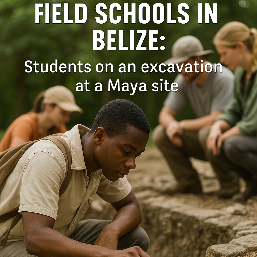 Students participating in a Belize archaeology field school excavation at a Maya site
