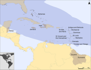 Map of CARICOM countries and the Atlantic hurricane belt showing Belize and the Caribbean region affected by major hurricanes