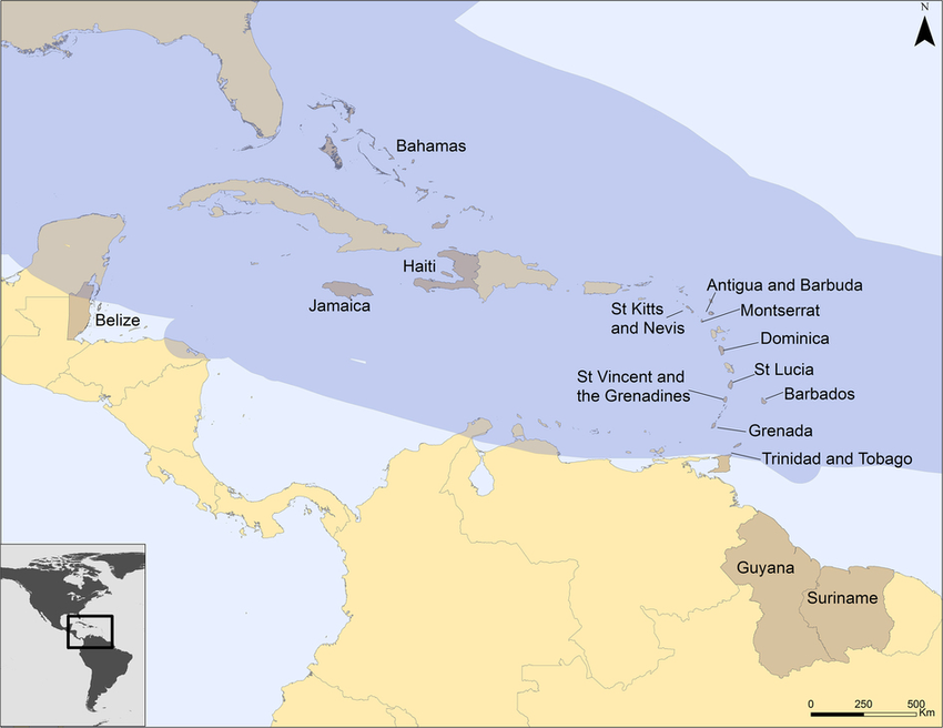 Map of CARICOM countries and the Atlantic hurricane belt showing Belize and the Caribbean region affected by major hurricanes