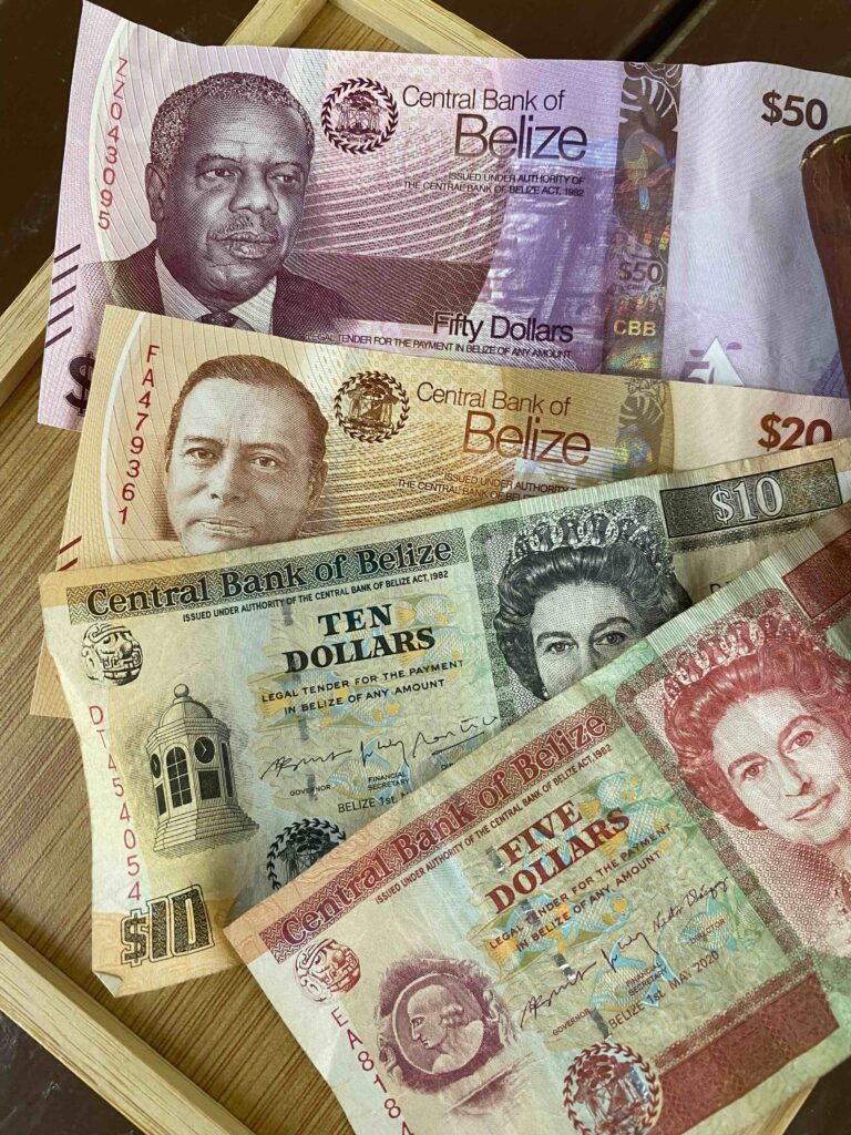 New banknotes Belize 2025 with George Price and Philip Goldson. new $50 and $20 with older $10 and $5