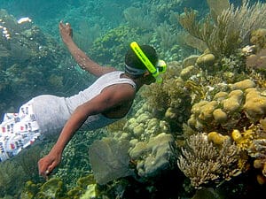 A boy free dives with snorkel gear in the clear blue waters of Belize in May, exploring the sea during whale shark season.