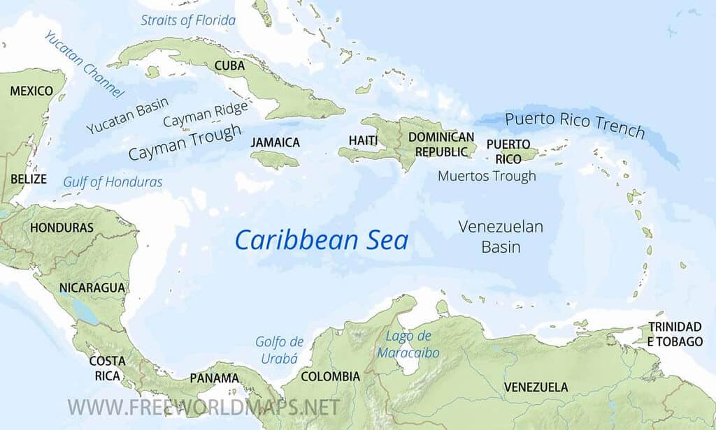 Map showing Belize on the western edge of the Caribbean Sea, near Mexico and Central America.