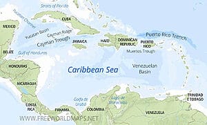 Map showing Belize on the western edge of the Caribbean Sea, near Mexico and Central America.