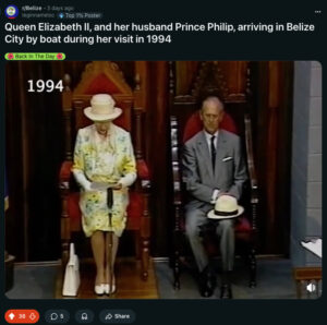 Queen Elizabeth II seated in the Speaker’s Chair during her 1994 visit to Belize, addressing Parliament in Belmopan.