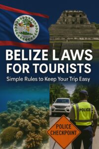 Belize flag with reef and Maya ruins background, feature image for Belize laws for tourists guide.