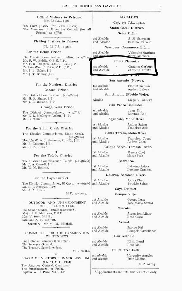 British Honduras Gazette 1927 showing Placencia alcades Clarence Garbutt and Charles Garbutt