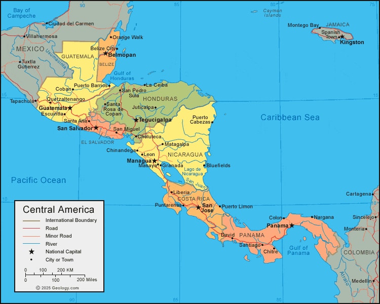 Map of Central America showing Belize, Guatemala, Mexico, and the Caribbean Sea