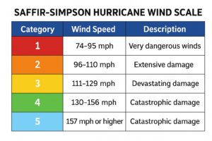 Infographic of the Saffir–Simpson Hurricane Wind Scale showing Categories 1 to 5 with wind speeds, damage levels, and icons for wind, flooding, and building impacts.