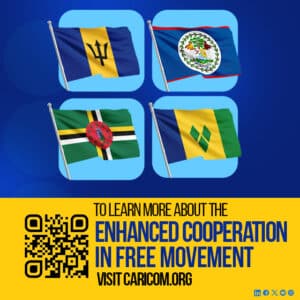 Flags of Belize, Barbados, Dominica, and St. Vincent & the Grenadines with QR code promoting CARICOM Enhanced Cooperation in Free Movement 2025