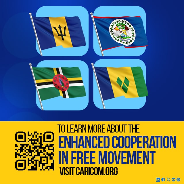Flags of Belize, Barbados, Dominica, and St. Vincent & the Grenadines with QR code promoting CARICOM Enhanced Cooperation in Free Movement 2025