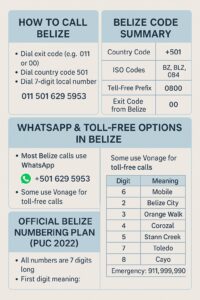 Belize country code +501 infographic with phone number example, WhatsApp format, ISO codes, toll-free prefix, and emergency numbers