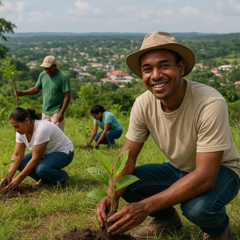 Volunteers planting young trees on a hillside overlooking San Ignacio, Belize, during the Greening Belize Initiative launch — symbolizing unity, reforestation, and climate action.