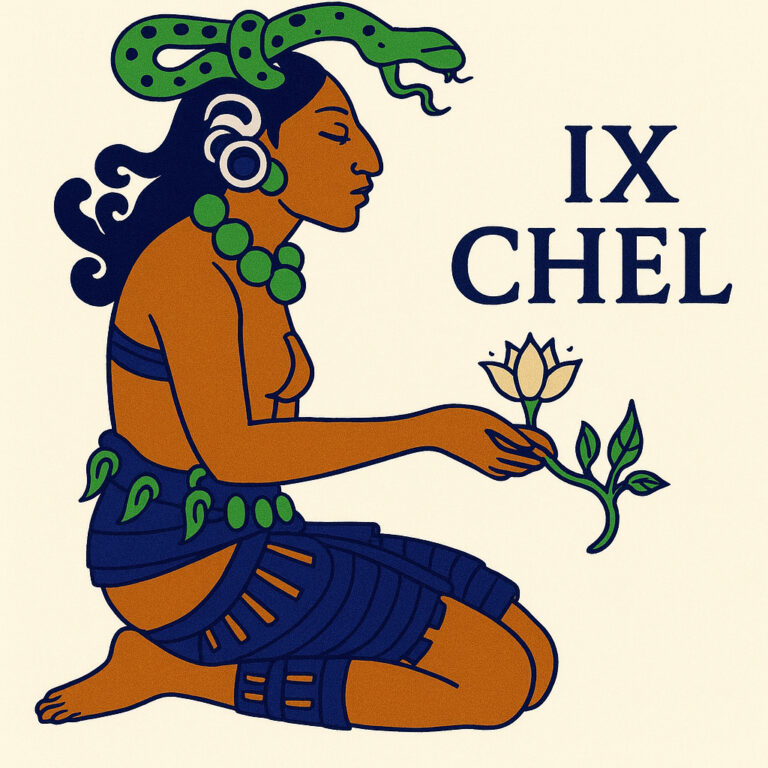 Ix Chel Maya moon goddess holding a flower illustration