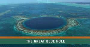 Aerial view of the Great Blue Hole in Belize, showing the deep circular sinkhole surrounded by turquoise reef waters inside Lighthouse Reef Atoll.