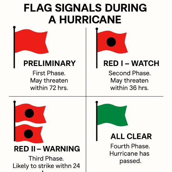 Caribbean hurricane warning flag system used in Belize and across the region, showing four phases: Preliminary (red flag, 72 hrs), Red I Watch (red flag with black dot, 36 hrs), Red II Warning (two red flags with black dots, 24 hrs), and All Clear (green flag).